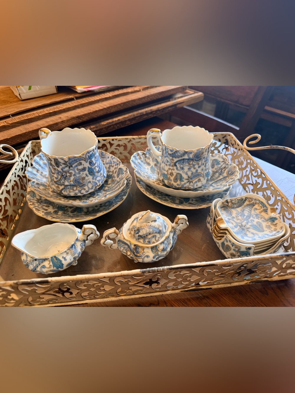 Lefton China Blue and Gold Porcelain Tea Set - Ashtray - Floral Paisley Pattern